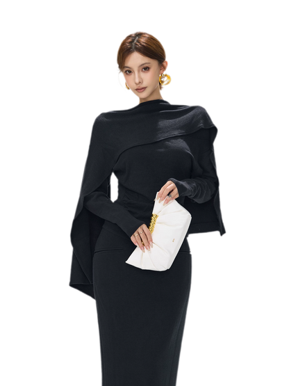 Textured Ruched Shawl Knit Set