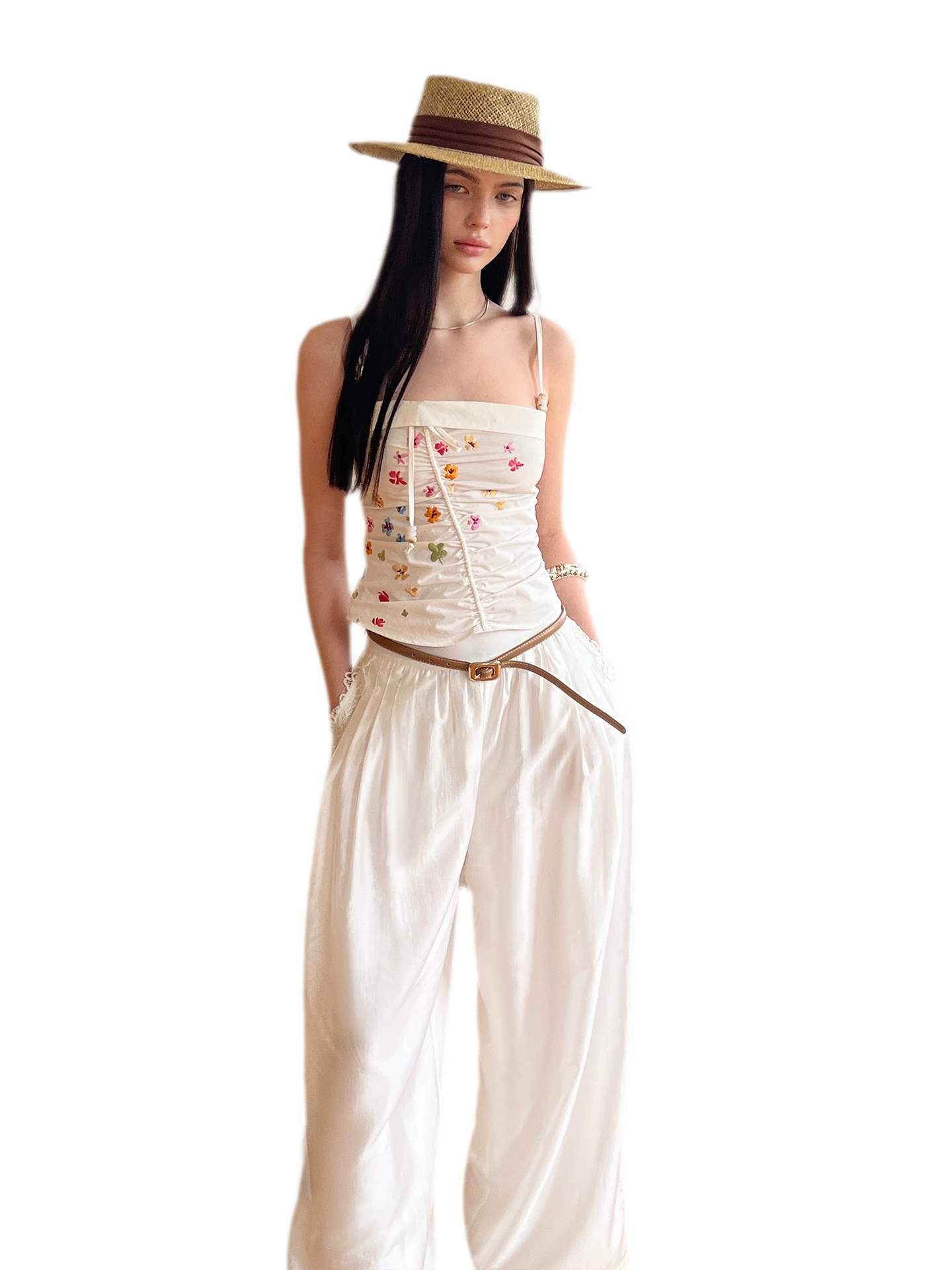Summer Tencel Wide-Leg Pants with Lace Trim