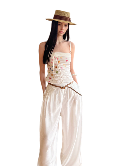 Summer Tencel Wide-Leg Pants with Lace Trim