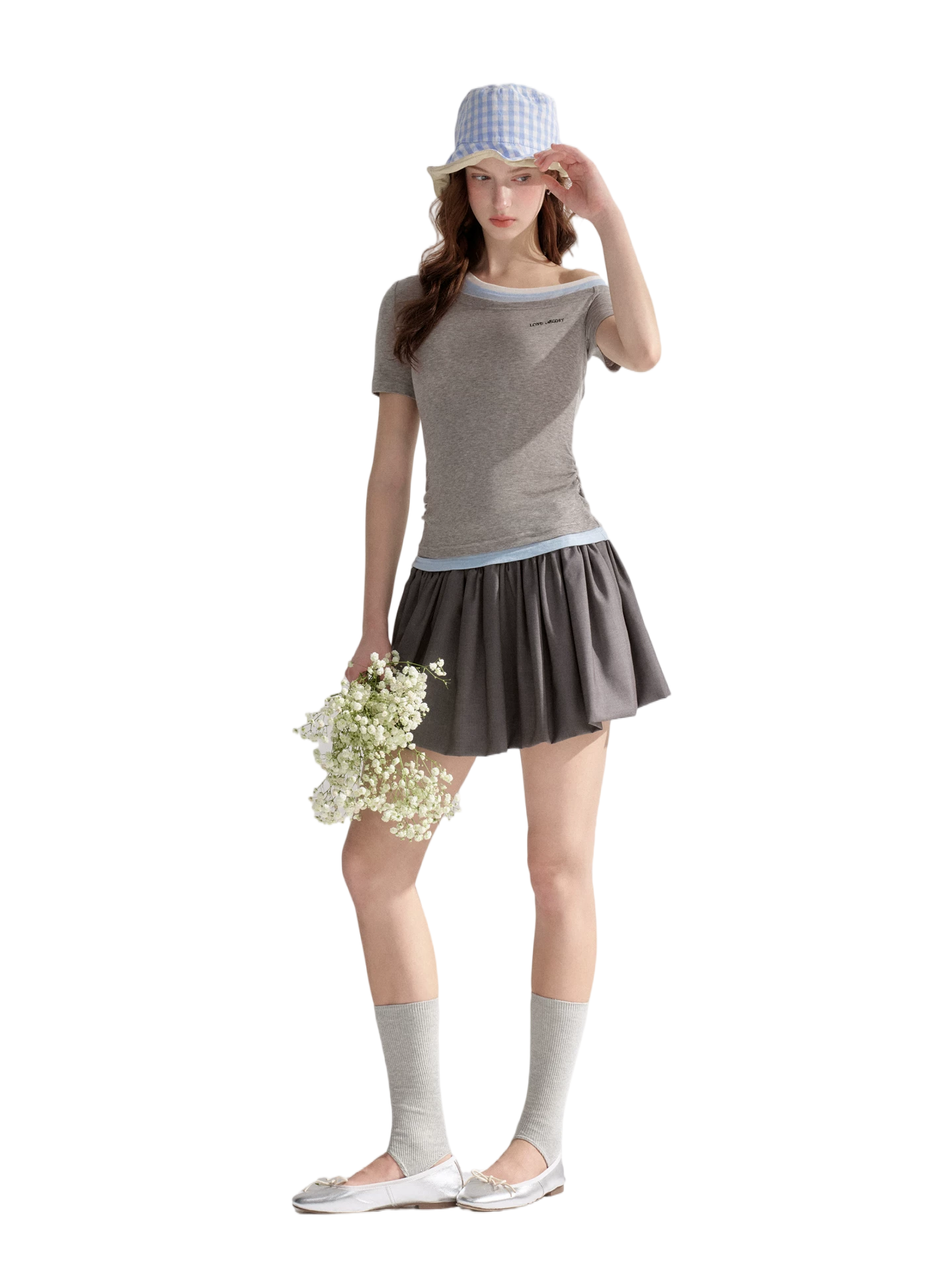 Asymmetric Off-Shoulder Colorblock Slim T-Shirt
