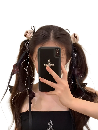 Gothic Skull Ribbon Hair Clips