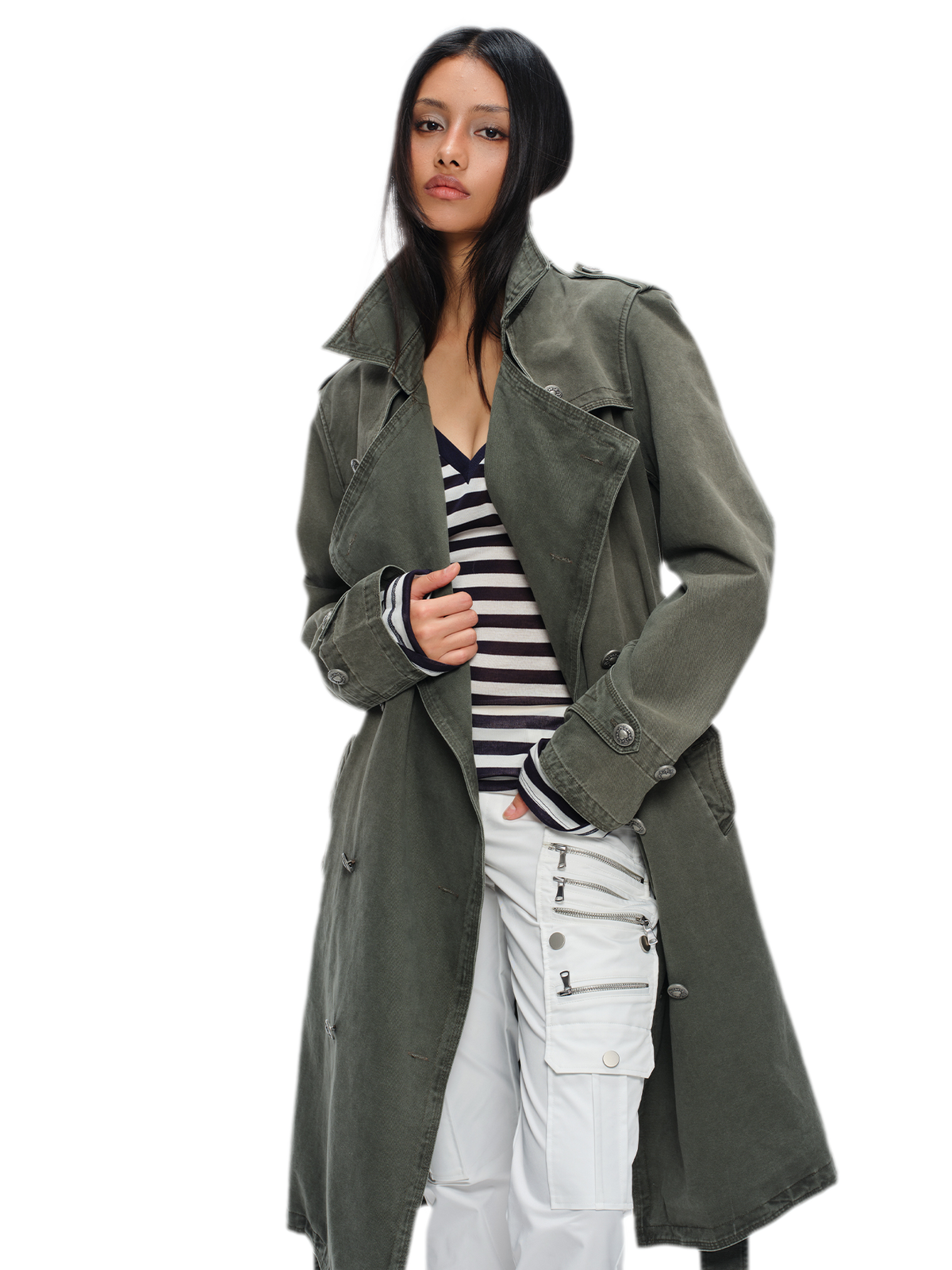 Washed Military Green Trench Coat