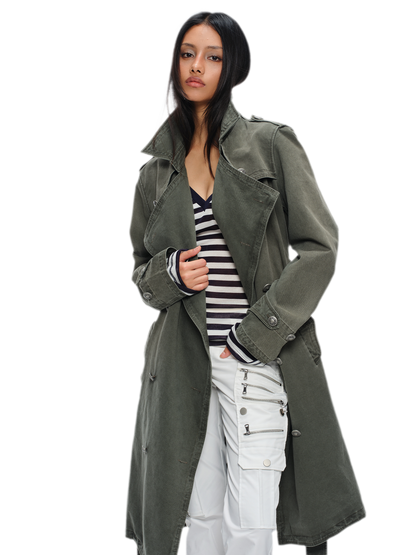 Washed Military Green Trench Coat
