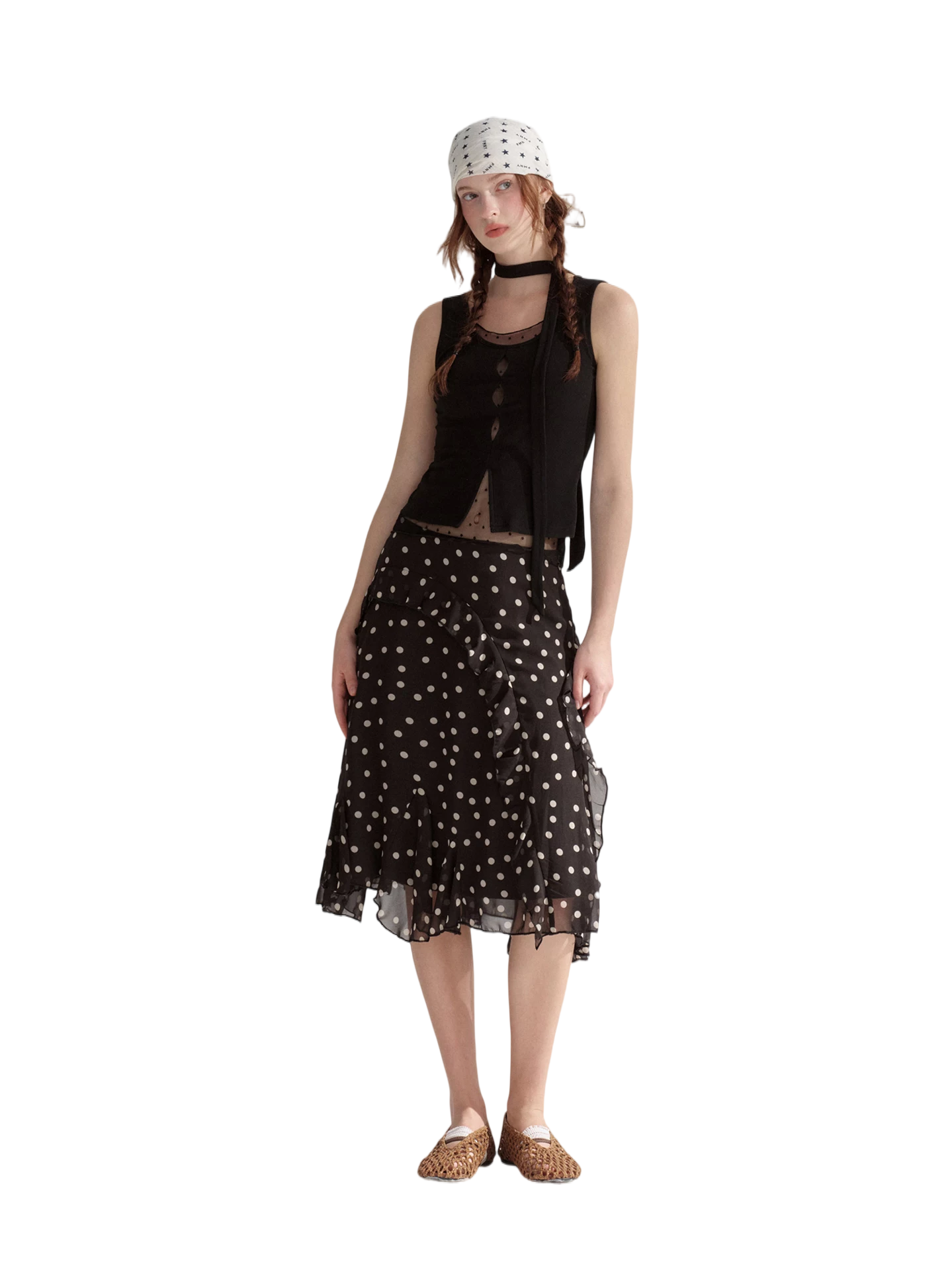 Ribbed Elastic Dot Mesh Sleeveless Top