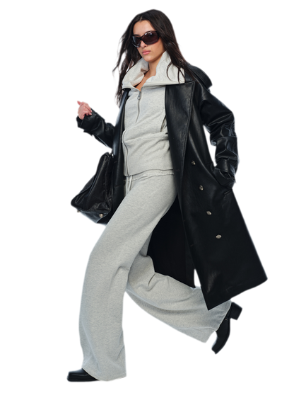 PU Leather Belted Trench Coat