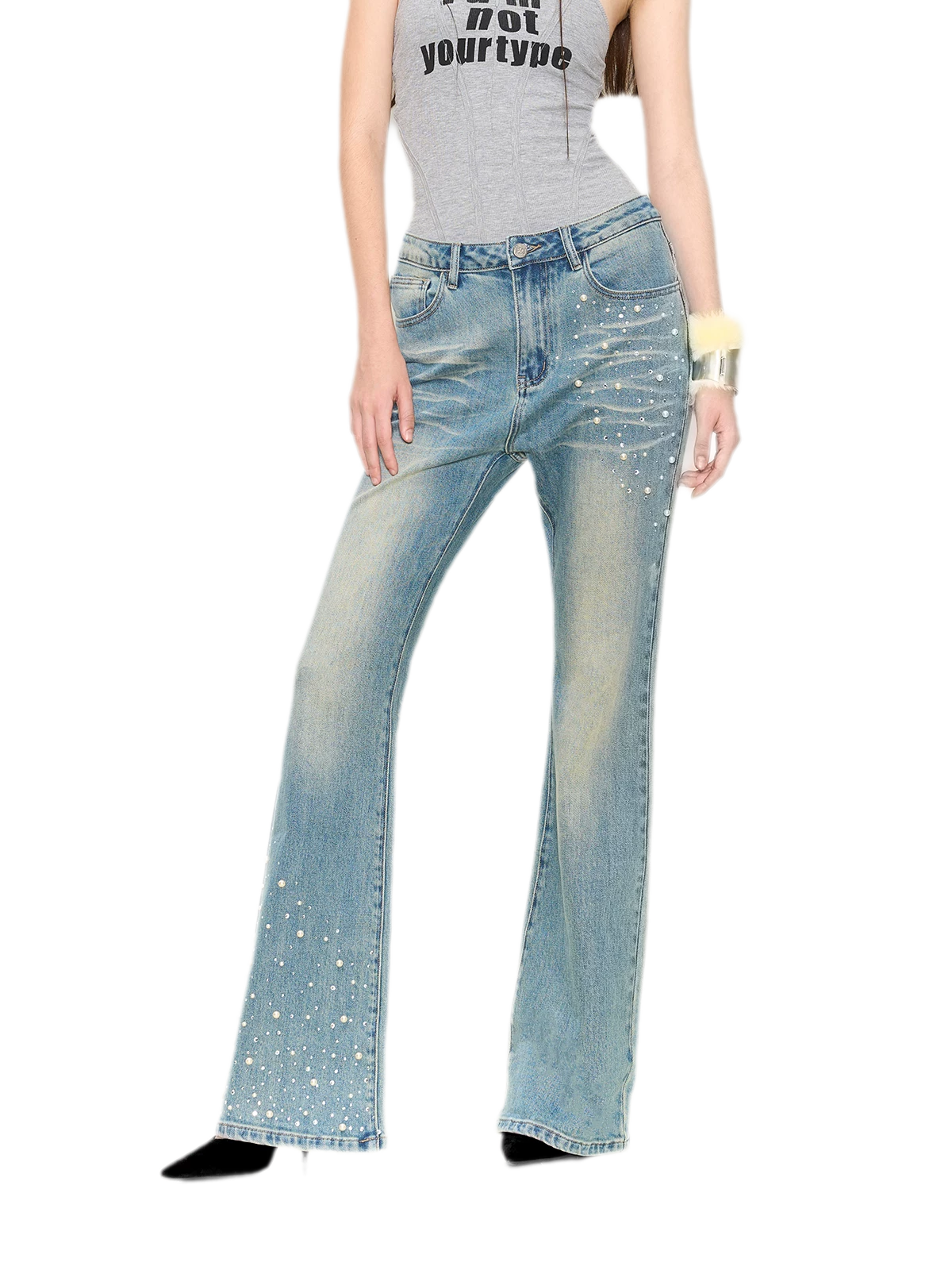 Pearl Embellished Straight Jeans