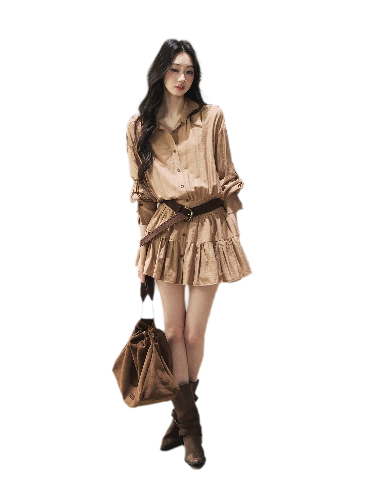 High-Waist Ruffle Shirt Dress