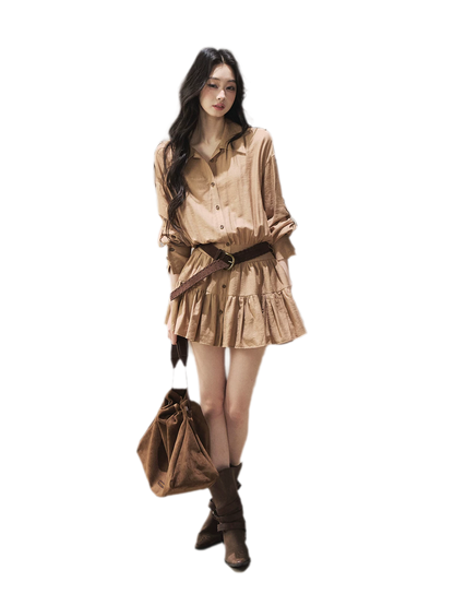 High-Waist Ruffle Shirt Dress