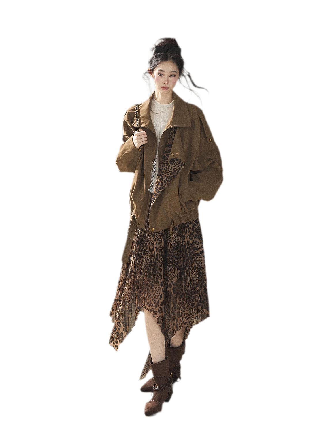 Matte Suede Leopard Bomber Jacket