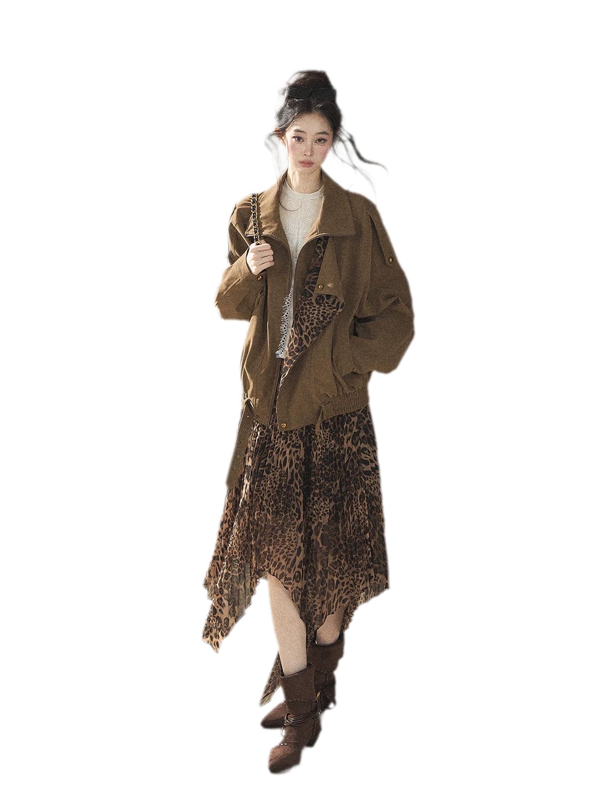 Matte Suede Leopard Bomber Jacket