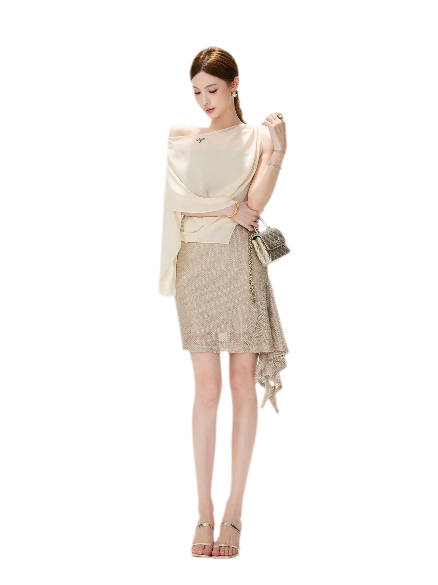 CYNR Sheer Drape Off-Shoulder Dress – view 6