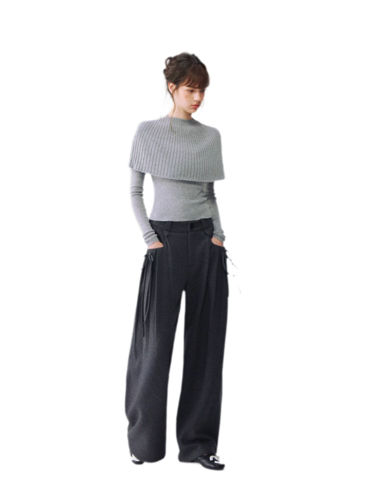 울 혼방 플리츠 와이드 레그 팬츠