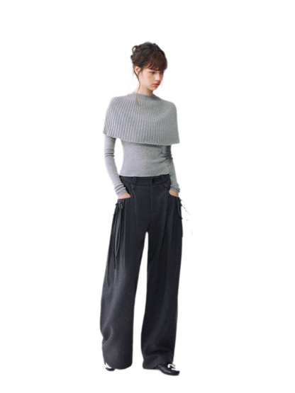 울 혼방 플리츠 와이드 레그 팬츠