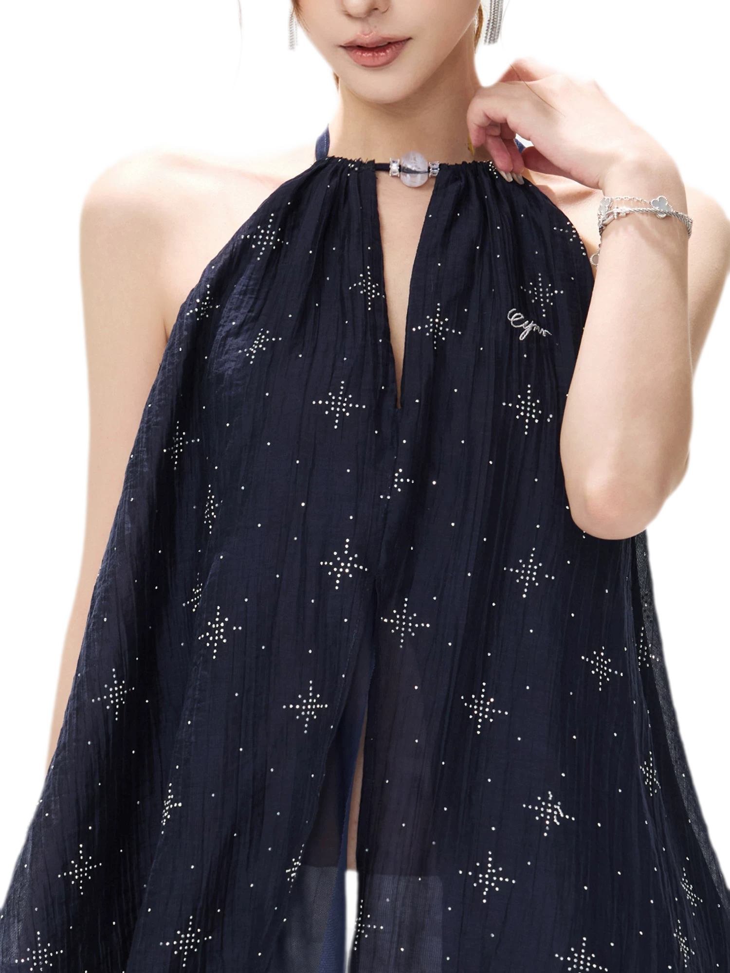 Rhinestone Asymmetric Halter Chiffon Top