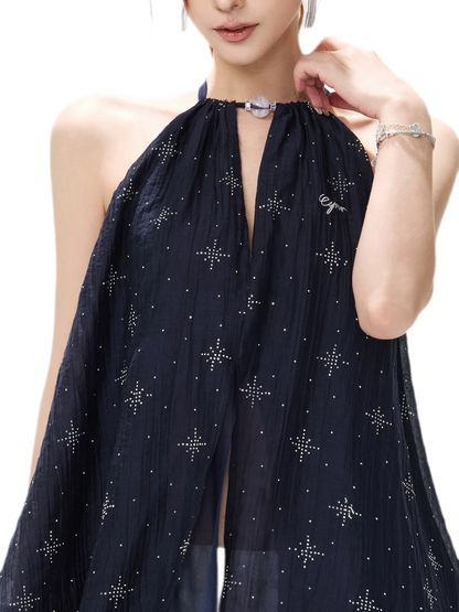 Rhinestone Asymmetric Halter Chiffon Top