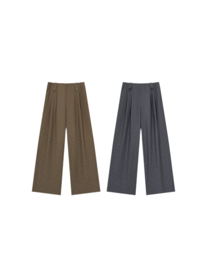 Rhinestone Pleated Waistband Wide-Leg Pants