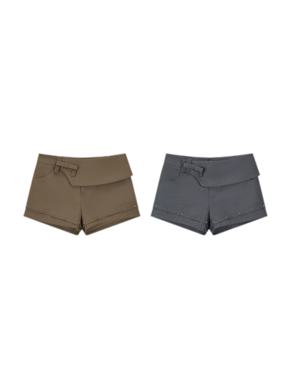 Deconstructed Bow-Tie Hem Studded Shorts