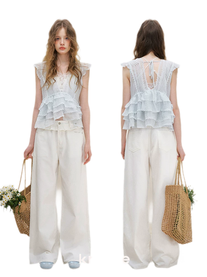 Organza Lace Ruffle Sleeveless Top