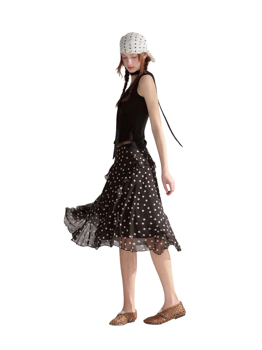 Vintage Polka Dot Colorblock Ruffle Chiffon Midi Skirt