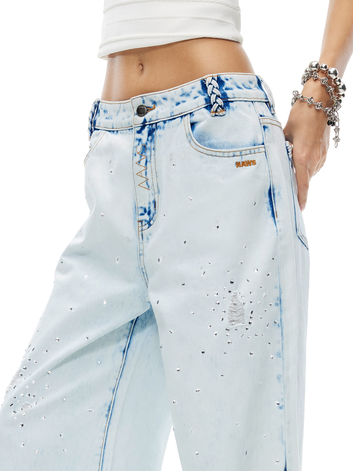 Shimmering Distressed Wide-Leg Jeans