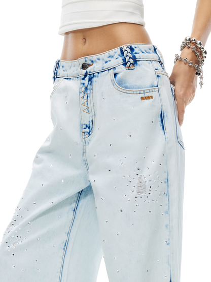 Shimmering Distressed Wide-Leg Jeans