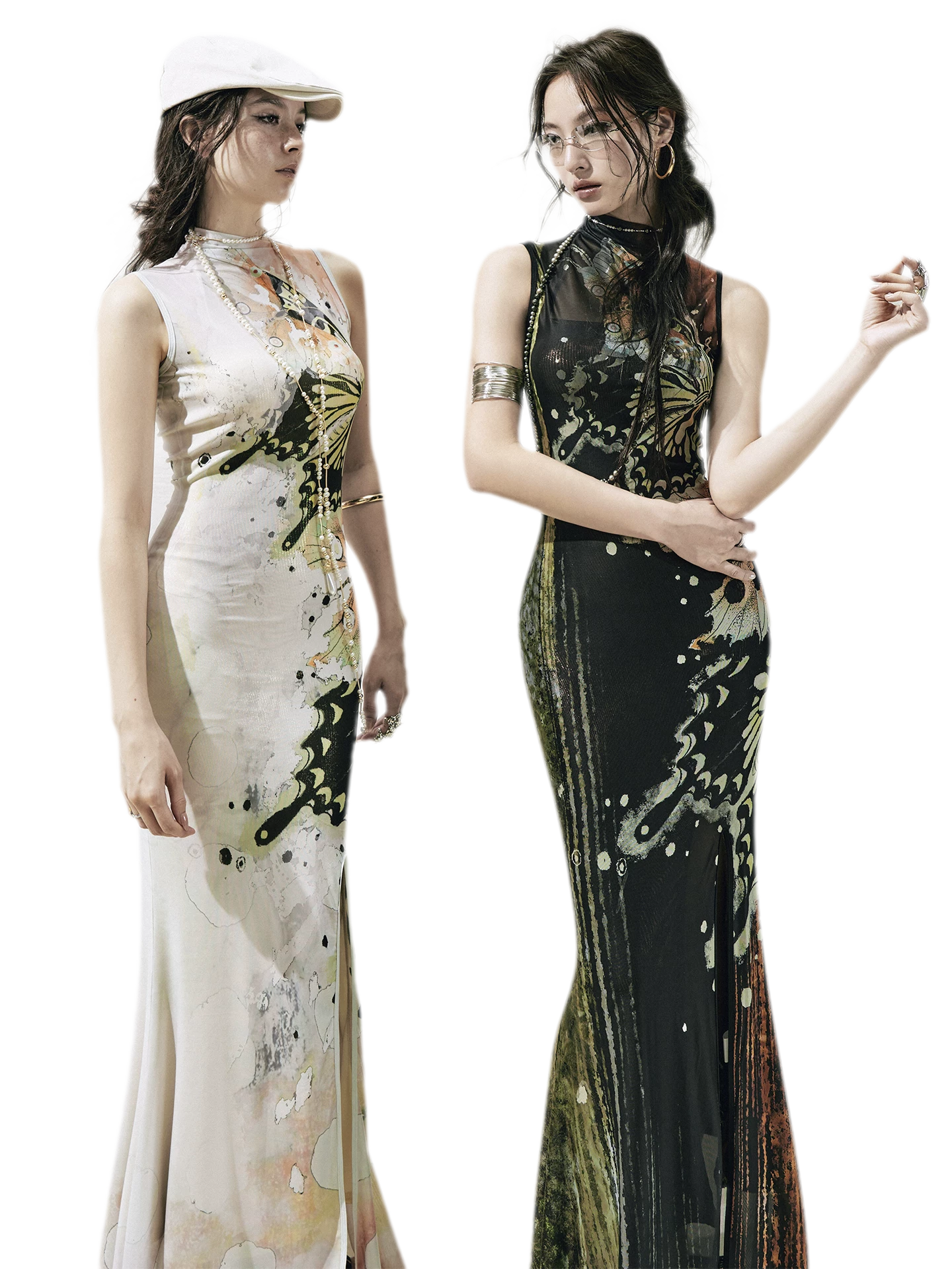 Hand-Painted Butterfly Print Two-Piece Dress Set