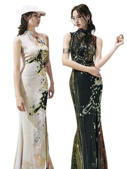 Hand-Painted Butterfly Print Two-Piece Dress Set