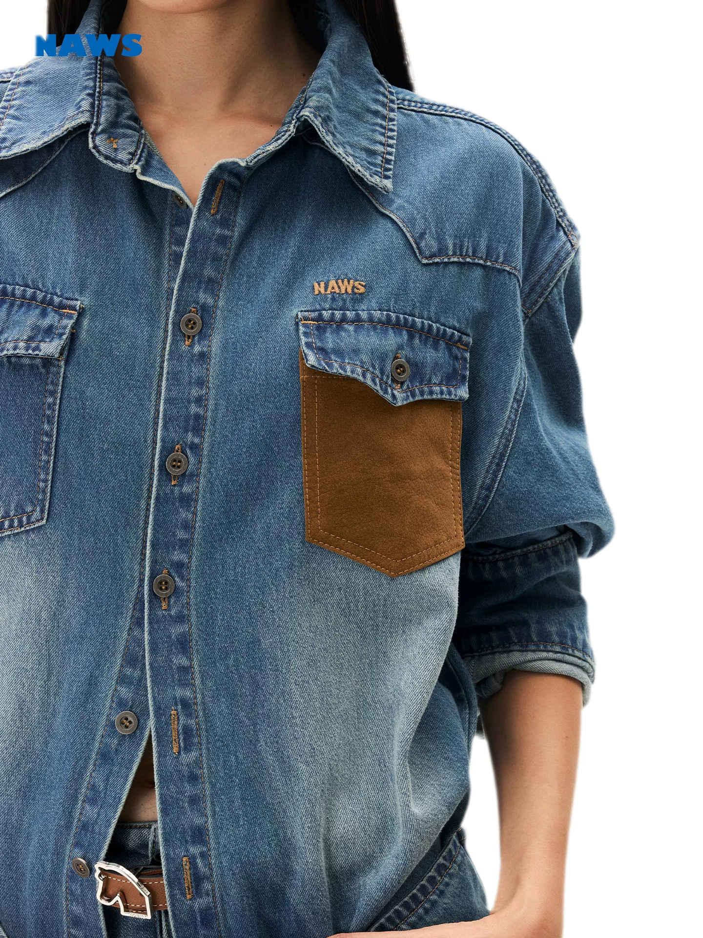 Washed Denim Suede-Panel Shirt