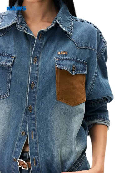 Washed Denim Suede-Panel Shirt