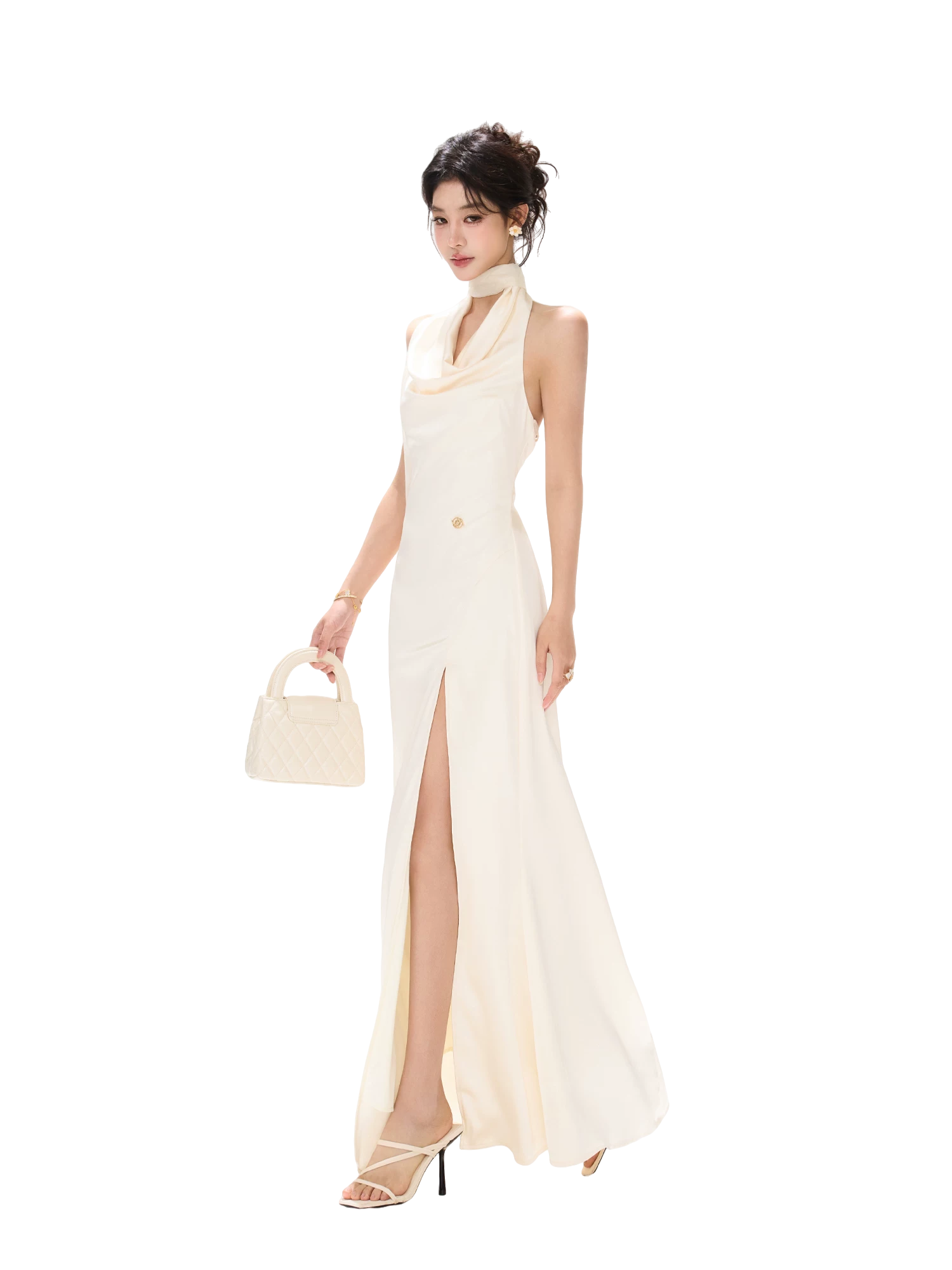 French Style One-Shoulder Backless Halter Long Dress
