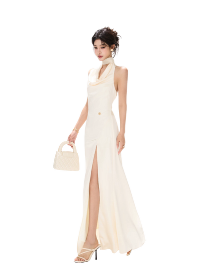 French Style One-Shoulder Backless Halter Long Dress