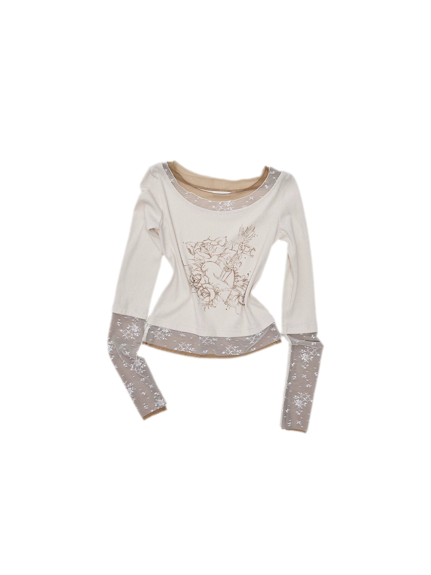 Vintage Lace Contrast Long-Sleeve Top