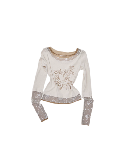 Vintage Lace Contrast Long-Sleeve Top