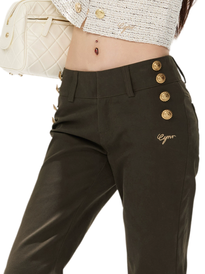 Low-Rise Metal-Button Flare Pants