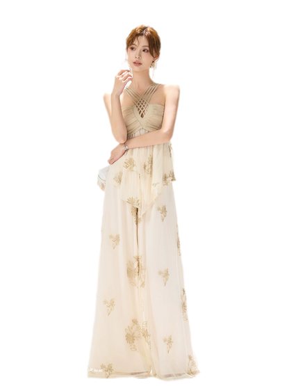 Embroidered Chiffon Halter Set