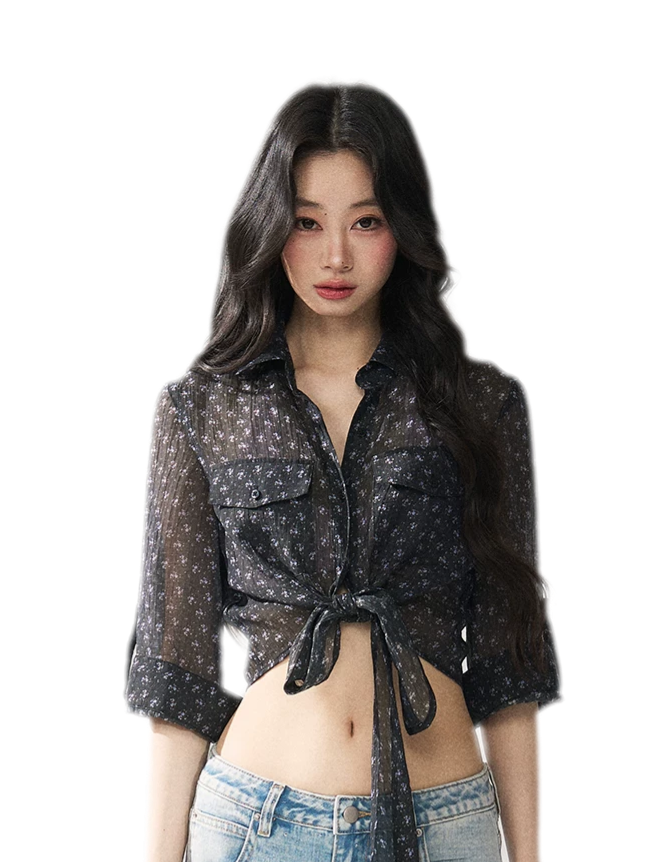 Floral Sheer Tie Shirt