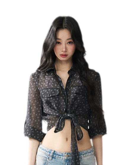 Floral Sheer Tie Shirt