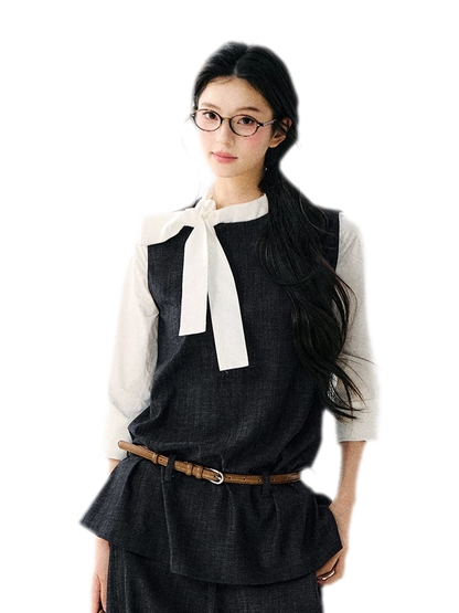 Contrast Ribbon Denim Blouse