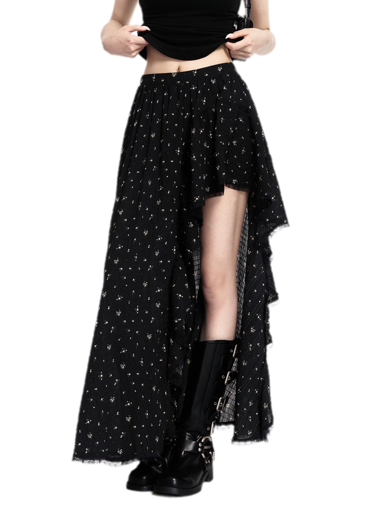 Floral Asymmetric Ruffle Skirt