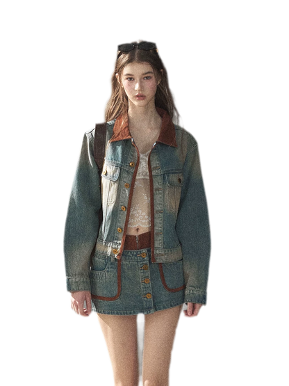 Washed Denim Jacket Skirt Set
