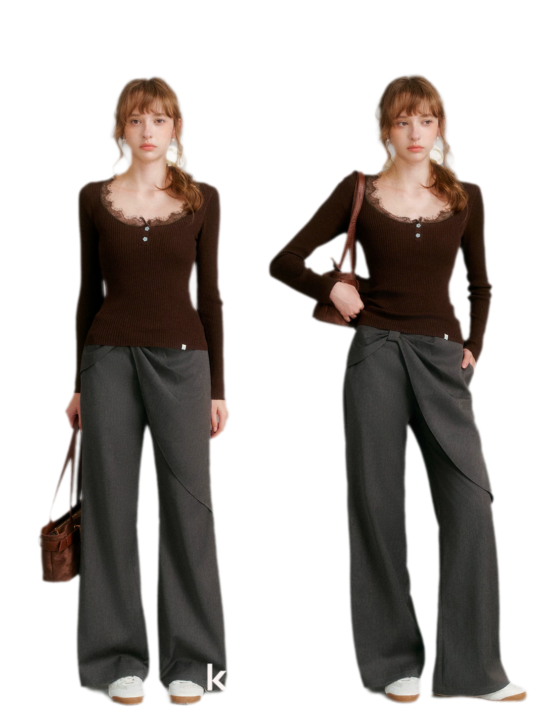 Misty Gray Bow Wide-Leg Pants