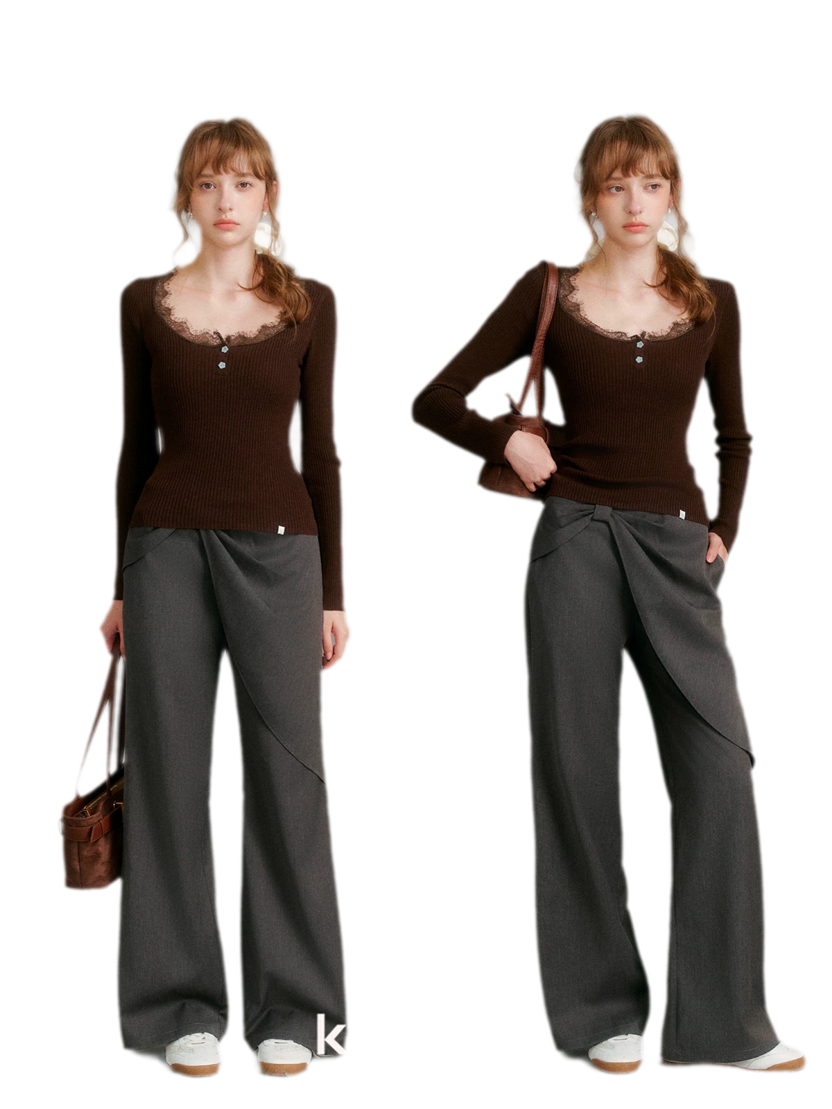 Misty Gray Bow Wide-Leg Pants