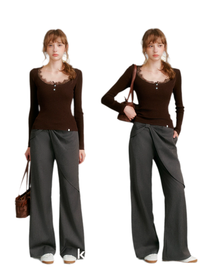 Misty Gray Bow Wide-Leg Pants