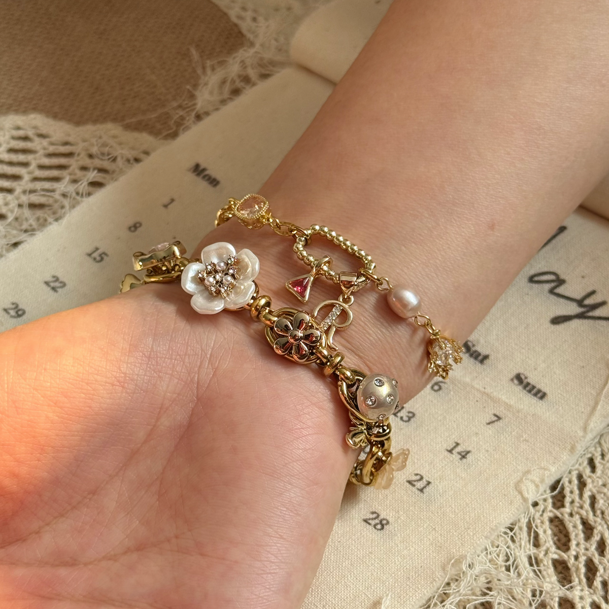 Gold-Pink Heart Charm Bracelet