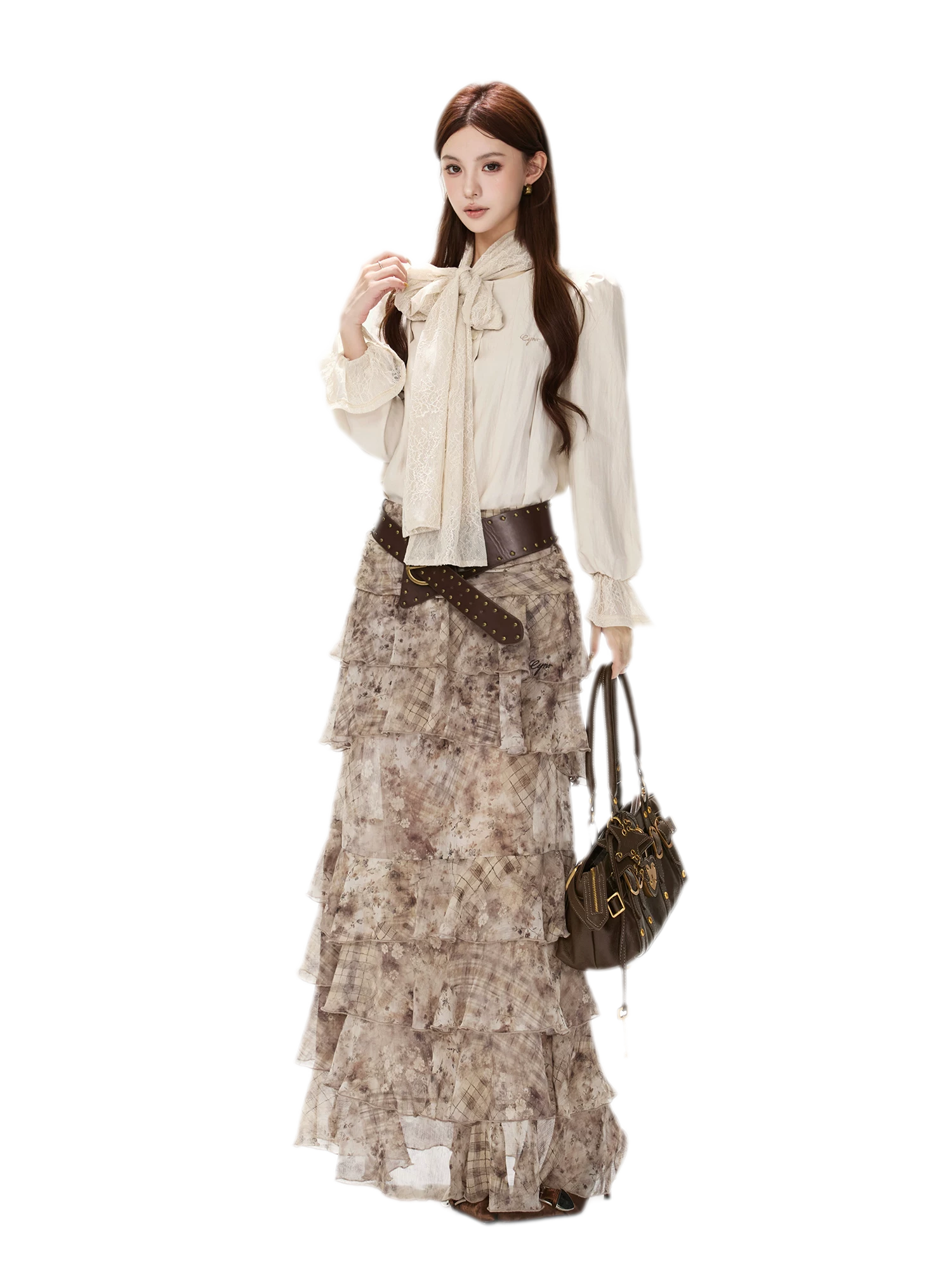 Vintage Ruffle Chiffon Maxi Skirt