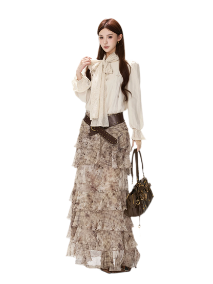 Vintage Ruffle Chiffon Maxi Skirt