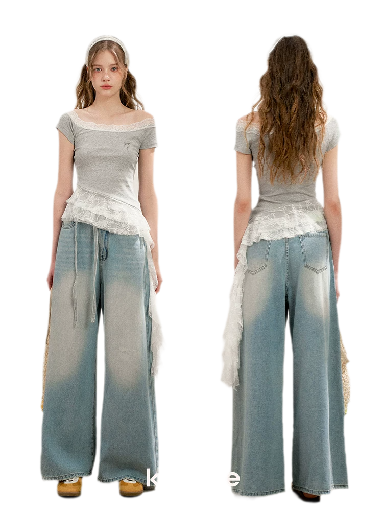 Asymmetric Lace Off-Shoulder T-Shirt