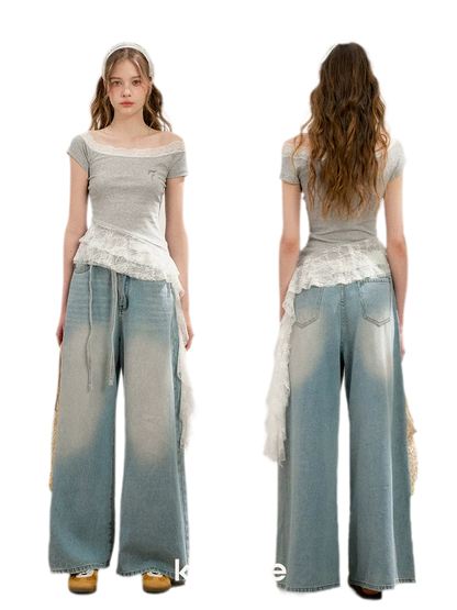 Asymmetric Lace Off-Shoulder T-Shirt
