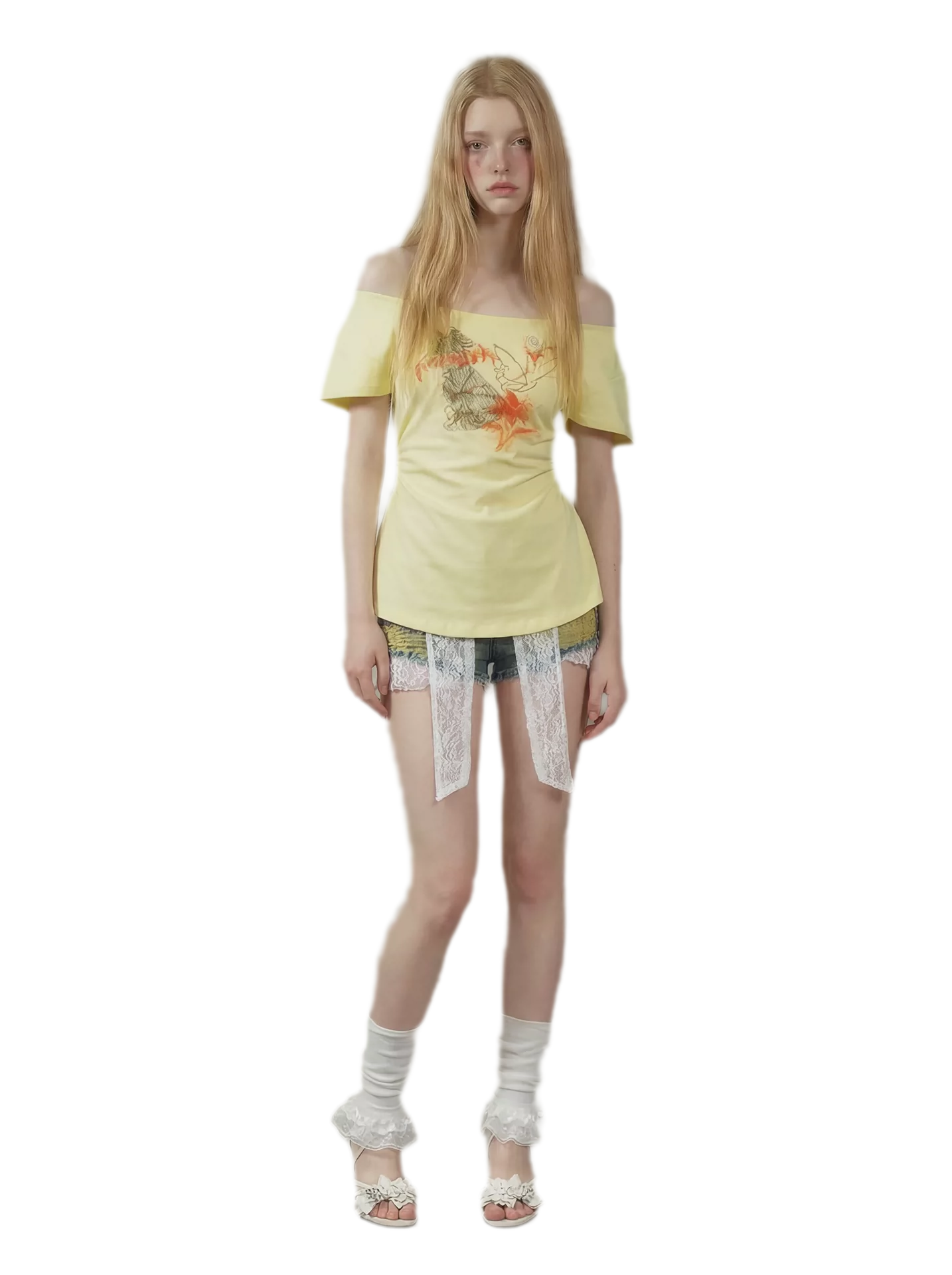 Hand-Drawn Floral Off-Shoulder Tee