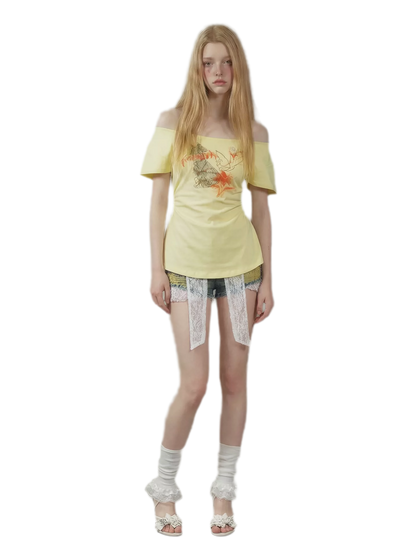 Hand-Drawn Floral Off-Shoulder Tee